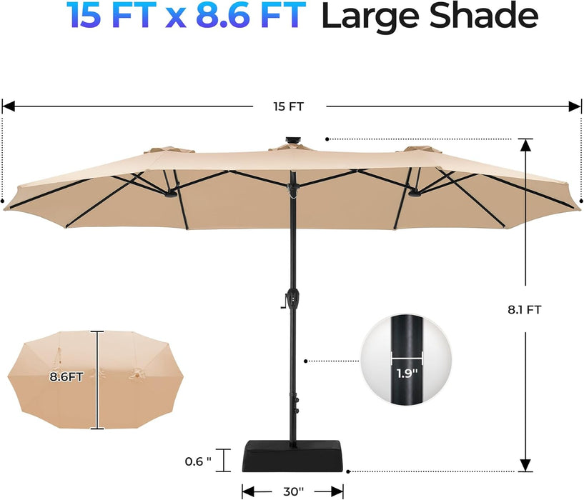 15Ft Large Patio Umbrella with Base Included, Double Sided Outdoor Umbrella with Solar Lights, Pool Umbrella with Fade Resistant Canopy for Deck, Porch, Yard, Balcony, Beige