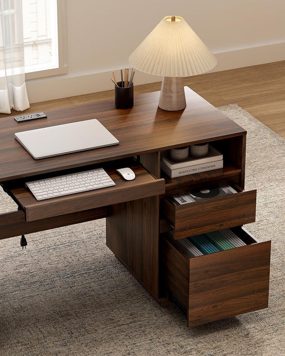 Farmhouse Executive Desk With Charging Station Brown