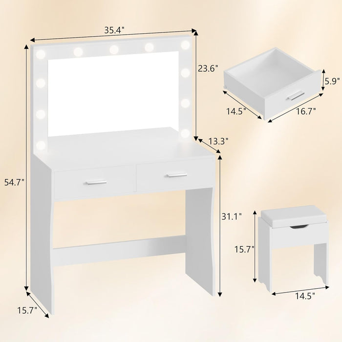 Makeup Vanity Desk with Large Lighted Mirror，35.4 Inch Makeup Vanity Table with 2 Drawers，Soft-Padded Storage Stool，3 Lighting Modes Available, Suitable for Bedrooms（White）