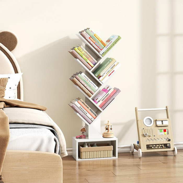 6 Tier Tree Bookshelf, Tall Bookcase with Drawer, Freestanding Book Shelf, Display Floor Standing Storage Shelf, Book Organizer Shelves for Home Office, Living Room, Bedroom, White