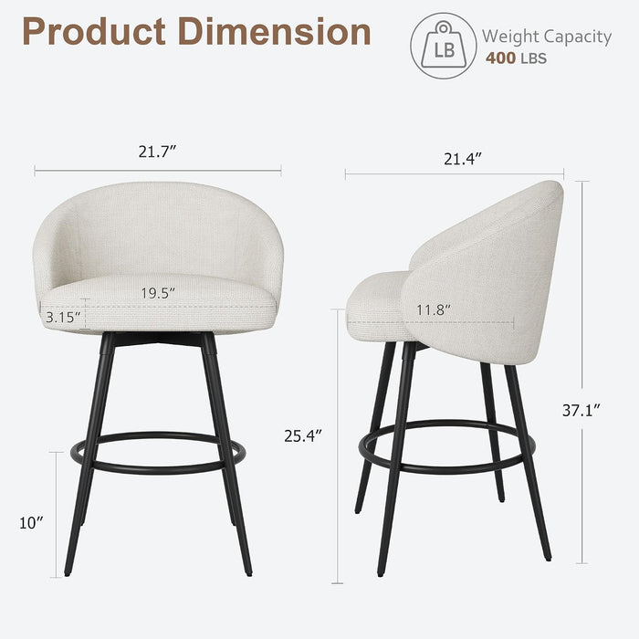 25.4″ 360° Swivel Bar Stools Set of 2 for Kitchen Island,Beige Linen | Upholstered Counter Height Barstools with Back, Modern Bar Chair with Sturdy Metal Frame and Footrest for Dining Room