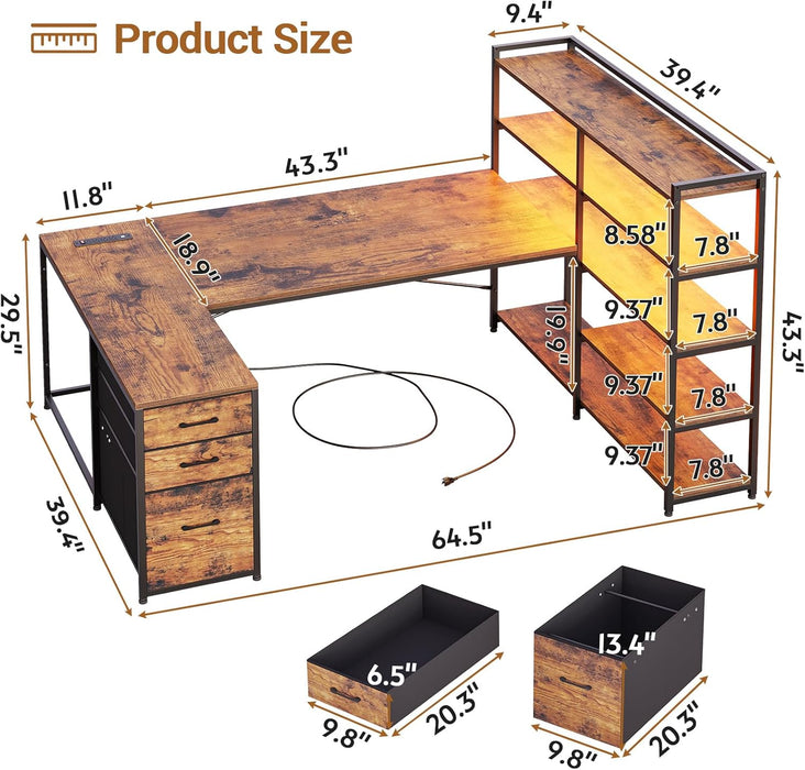 L Shaped Desk with Storage Shelves, 64.5" Reversible U Shaped Office Desk with 3 Fabric Drawers, Gaming Desk with Power Outlet & LED Strip for Home Office, Rustic Brown