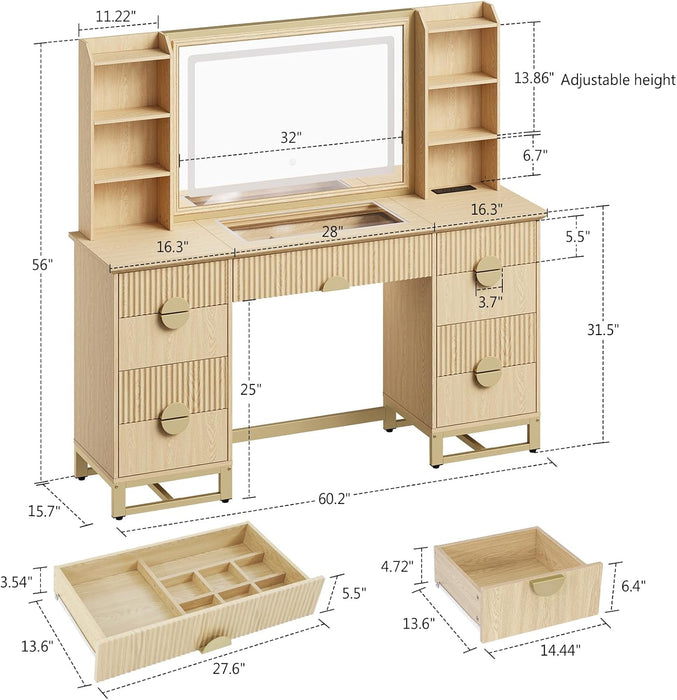 Fluted Vanity Desk, 60" Makeup Vanity with 32" Mirror and Lights, Modern Glass Top Vanity Table with 9 Drawers & 8 Open Shelves, Dressing Table Set W/Charging Station for Bedroom,Oak