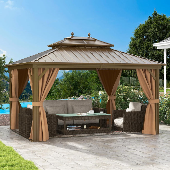 10X12Ft Hardtop Gazebo with Nettings and Curtains, Heavy Duty Double Roof Galvanized Steel Outdoor Combined of Horizontal Vertical Stripes Roof for Patio, Backyard, Deck, Lawn (Bronze)