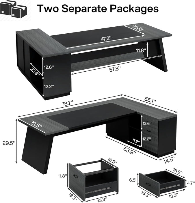 78" L-Shaped Executive Desk, Large Modern Office Desk with Drawers and Lateral File Cabinet, Business Furniture with Storage Shelves, Big Computer Desk for Home Office (Grey + Blcak)