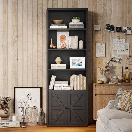 Bookshelf Bookcase with Doors, 6 Tier 71" Tall Wooden Storage Shelves Organizer, Floor Standing Display Cabinet Shelves, Home Decor Furniture for Home Office, Living Room, Bedroom, Black