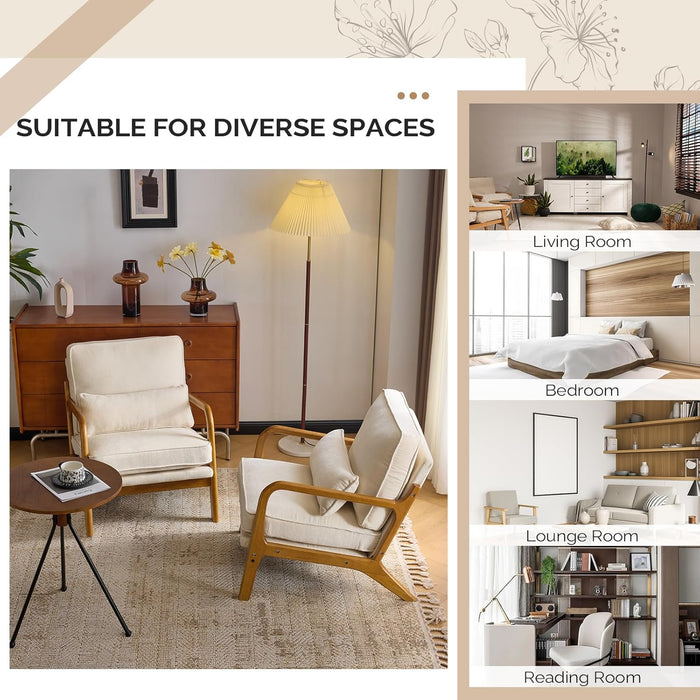 Chenille Mid-Century Modern Accent Chair Set of 2, Cute Reading Arm Chair with Cushion & Lumbar Pillow & Solid Wood Frame for Lounge, Living Room, Reading Room, Bedroom,Cream