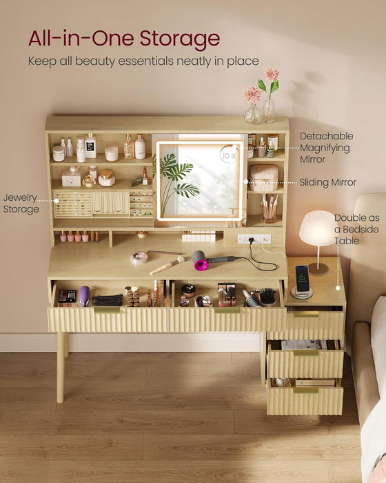 Oak Beigewash Vanity Desk Sliding Mirror Illumination