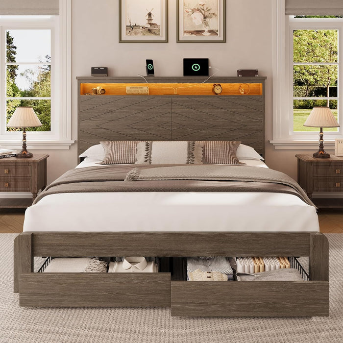 Queen Size Bed Frame with 2 Storage Drawers and Headboard Wooden Platform Bed Frame with LED Lights and Charging Station Easy Assembly/No Box Spring Needed/Brown
