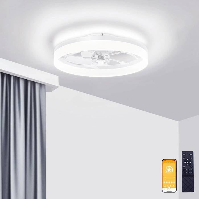 Low Profile Ceiling Fans with Lights and Remote, 19.7In Fandelier Ceiling Fan Flush Mount, 3000K-6500K Smart Bladeless LED Fan Light, White Modern Ceiling Fans with Lights for Bedroom