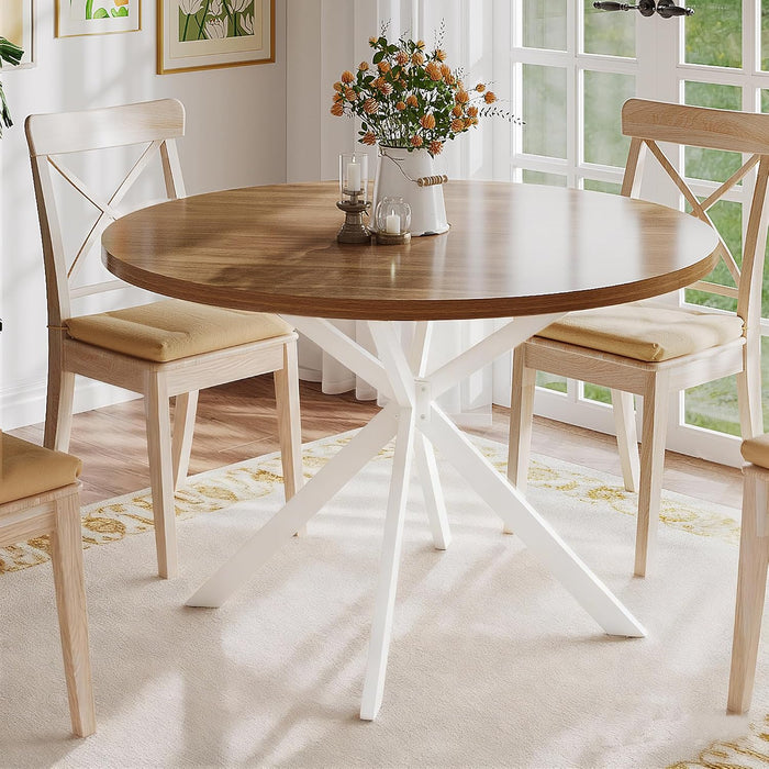 47.2 Inch round Dining Table for 4 | Farmhouse Wood Kitchen Table, Circle Dinner Table for Kitchen & Dining Room, Walnut & White