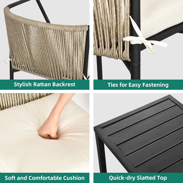 Wicker 3-Piece Outdoor Bistro Set, All-Weather Patio Conversation Set with Stackable Chairs & Table, Outdoor Sectional Furniture Set for Balcony, Backyard, Pool, Porch, Deck - Beige