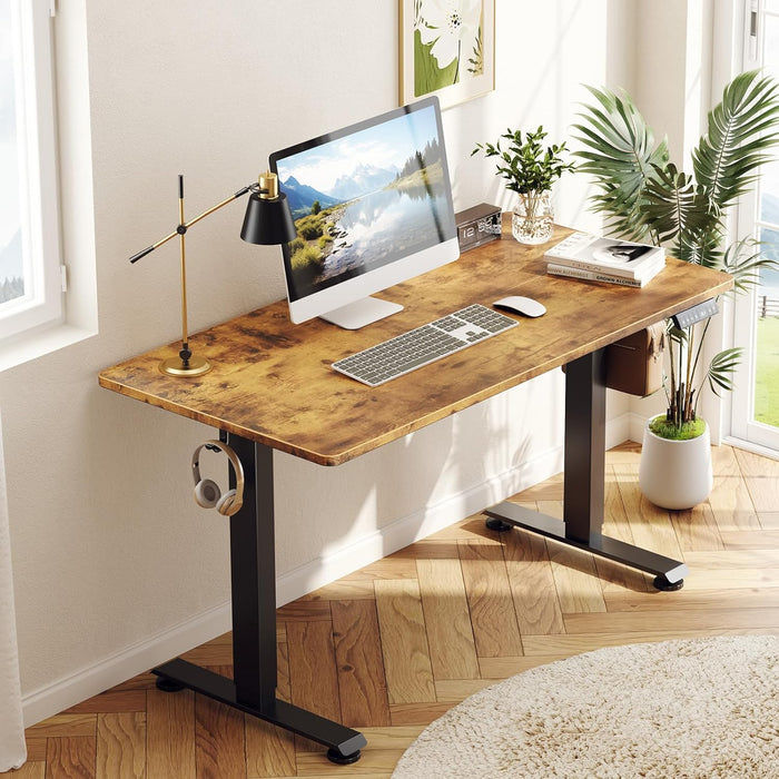 55 Inch, Height Adjustable Sit Stand Up, Wood Desktop, Work Home Office Computer PC Table, Tall Standup Workstation, Gaming Writing Study Bedroom Rising Desks, Brown