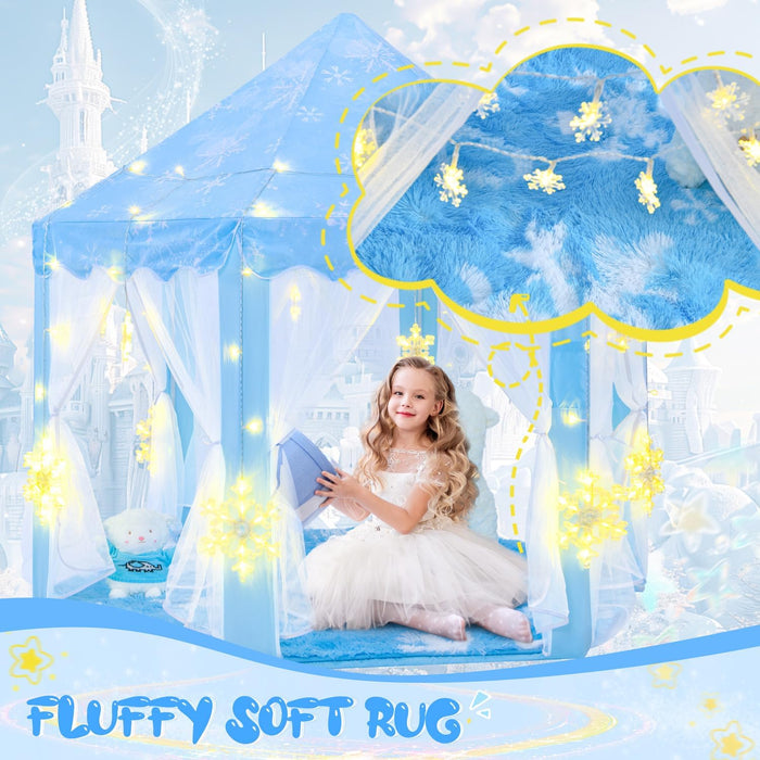 Frozen Princess Tent with Large Snowflake Lights for Girls Age 4-7, Kids Play Tent for Girls Indoor, Princess Castle Playhouse for Toddlers, Blue Frozen Toy 55X53 Inch