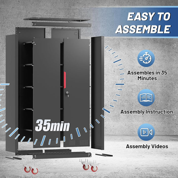 SeventyOneInch Black Metal Garage Cabinet Locking Wheels