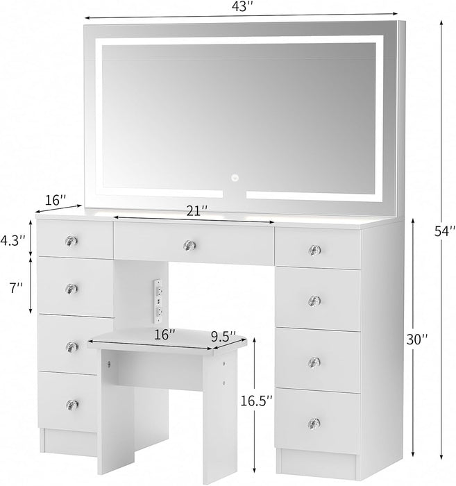 White Vanity Table With Illuminated Mirror Drawers