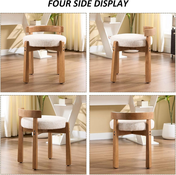 Wood Vanity Chair with Back, Chenille Upholstered Small Ottoman Footstool, Mid-Century Modern Makeup Chair with Solid Wood Legs for Makeup Room Bedroom Living Room, Beige
