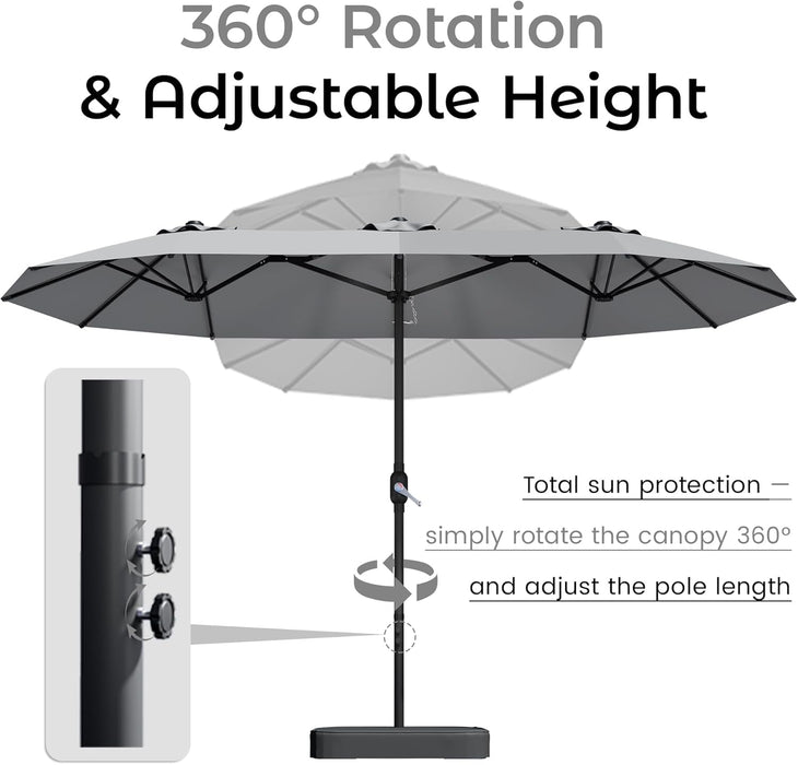 15Ft Patio Umbrella with Base,Large Outdoor Double-Sided Rectangle Umbrella with Crank Handle, Market Umbrella for Poolside Garden Deck Backyard Beach Pools, Gray