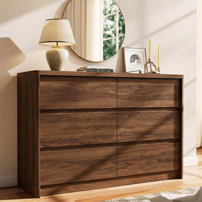 6 Drawer Walnut Dresser for Bedroom, 47.2" Wide Modern Chest of Drawers with 6 Large Storage Space with Curved Edge Design, Large Dresser for Bedroom,Walnut