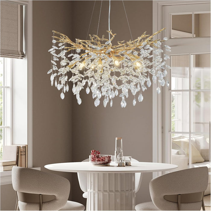 Modern Crystal Chandelier, 30" Gold Tree Branch Chandelier, 10-Light round Chandeliers for Dining Room, Living Room, Kitchen, Foyer, Entryway, Bedroom, Luxury K9 Crystal Raindrop Light Fixture
