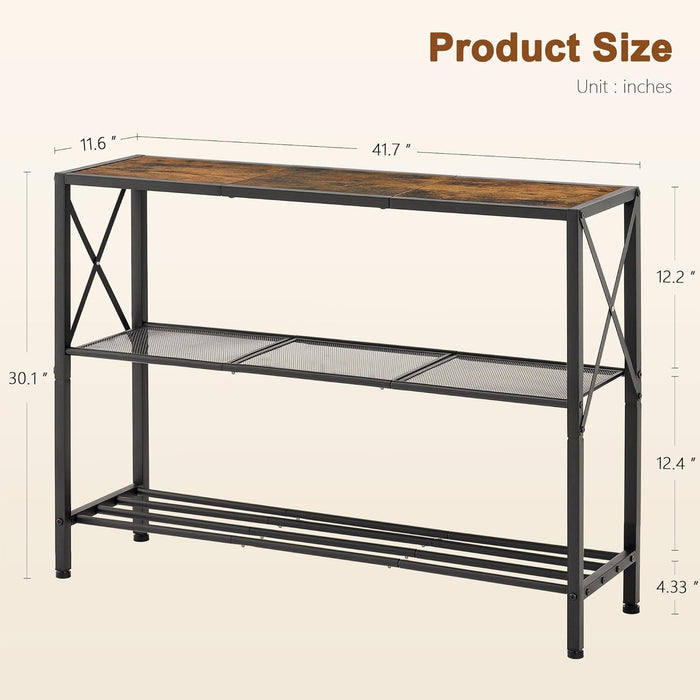 Industrial Console Table, 3 Tier Entryway Table, Hallway Table, Narrow Sofa Table with Shelves, Entrance Table for Entryway, Living Room, Foyer, Hallway, Office, Rustic Brown&Black