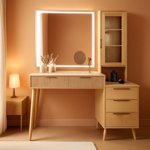 Fluted Makeup Vanity Desk with Mirror and Lights, 5 Drawers Glass Top Makeup Vanity with 4 Storage and 9-Grid Organizer, 3 Color Ribbed Glass Dressing Table with Charging Station, Light Oak