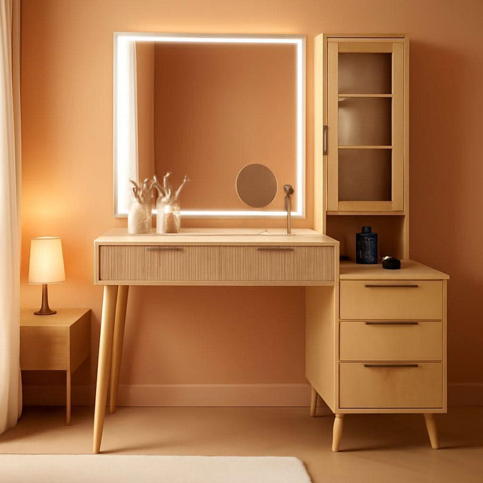 Fluted Makeup Vanity Desk with Mirror and Lights, 5 Drawers Glass Top Makeup Vanity with 4 Storage and 9-Grid Organizer, 3 Color Ribbed Glass Dressing Table with Charging Station, Light Oak