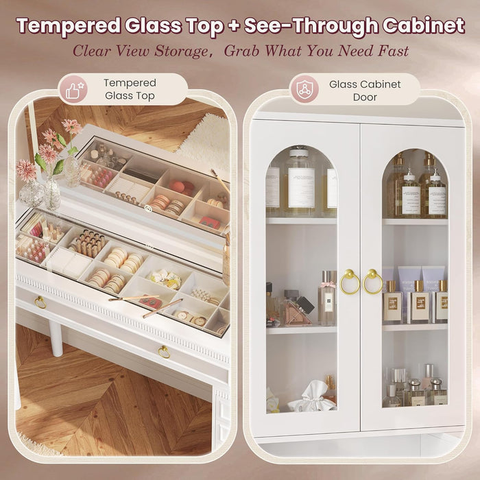 53 Inch Makeup Vanity Desk with Large Mirror and Lights, Vanity Table with Power Outlets and USB-C Port, Glass Top, 4 Divided Drawer Storage, Big Vanity with Cabinet, Adjustable Shelves, White