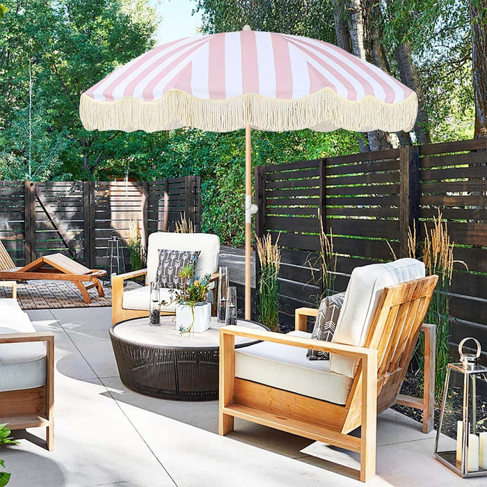 Boho Outdoor Umbrella with Tassels,6Ft Table Umbrella Outdoor Patio with Knobs Tilt,Wind Resistant Portable Beach Umbrella UPF50+ Fringe Umbrellas for Pool Backyard Deck Garden