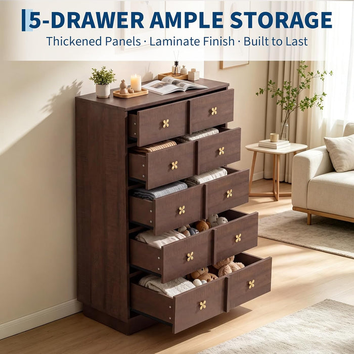 47In Tall Wooden Dresser for Bedroom，5-Drawer Chest of Drawers