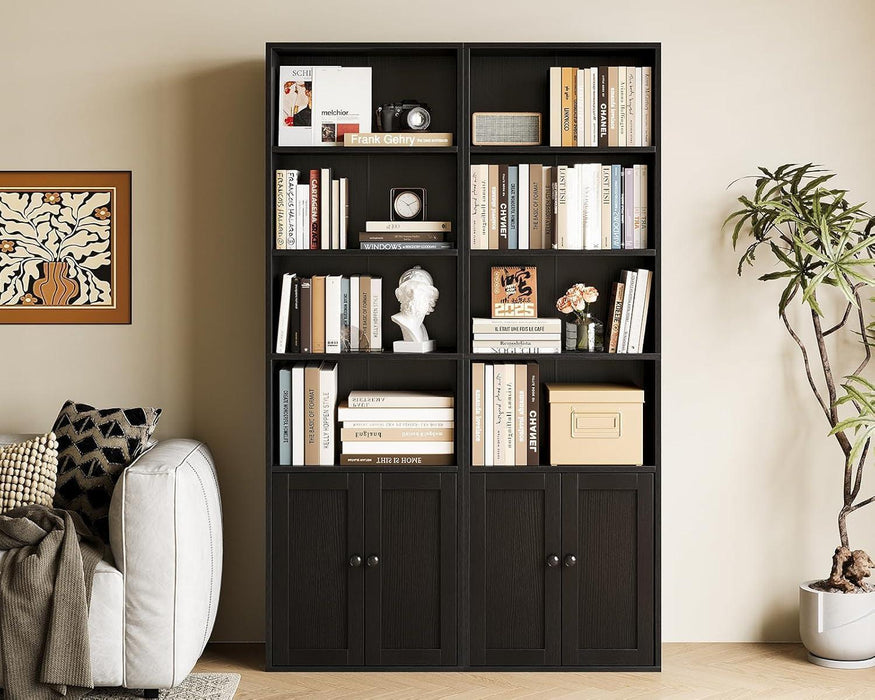 Bookshelf and Bookcase with Doors, Floor Standing 6-Tier Shelf Display Storage Shelves, Tall Bookcases for Home Office, Living Room, Black