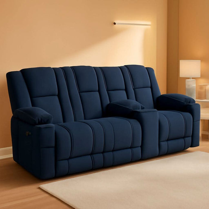 Zero Gravity Power Reclining Sofa with Console, Heat and Vibration Massage, 3 Seater Reclining Couch with USB Ports, Cup Holders for Living Room, Fabric 6035SET (Navy Blue)
