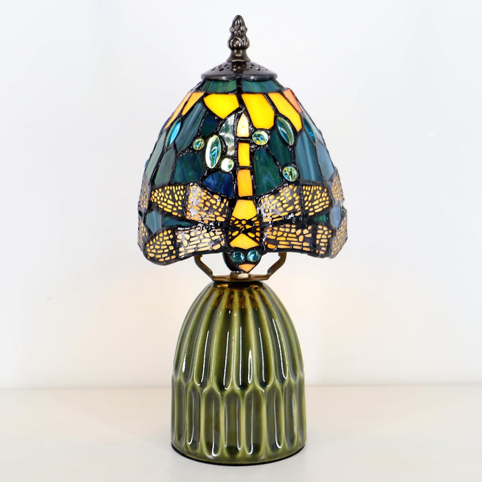 Stained Glass Mushroom Table Lamp 12.5 Inch -Yellow Dragonfly Style