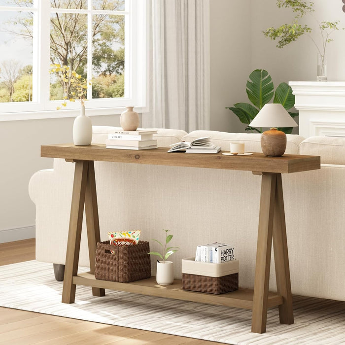 Solid Wood Console Tables - 63" Pinewood Farmhouse Rustic Hallway Table, Foyer Tables Living Room, Solid Firwood Sofa Table for Entryway, Brown