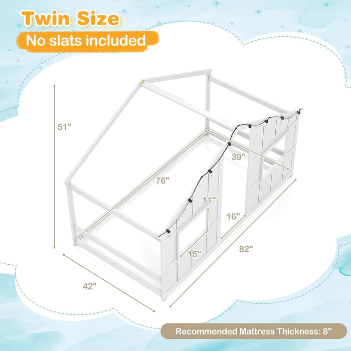 Twin Floor Bed LowProfile SolidWood LEDLights White