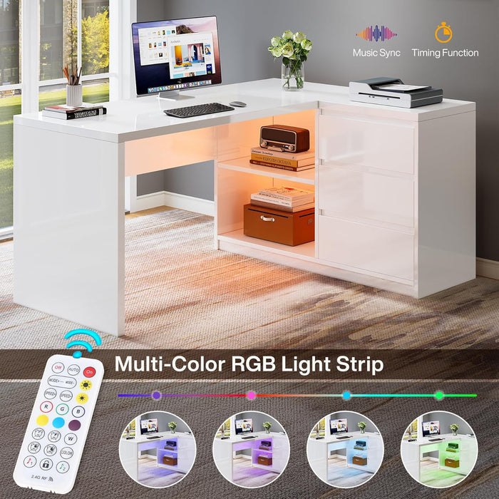 White L-Shaped Computer Desk with 3 Drawers, 55-Inch Modern Gloss Corner Home Office Executive Desk with LED Lights and 2 Storage Shelves for Work Study Writing
