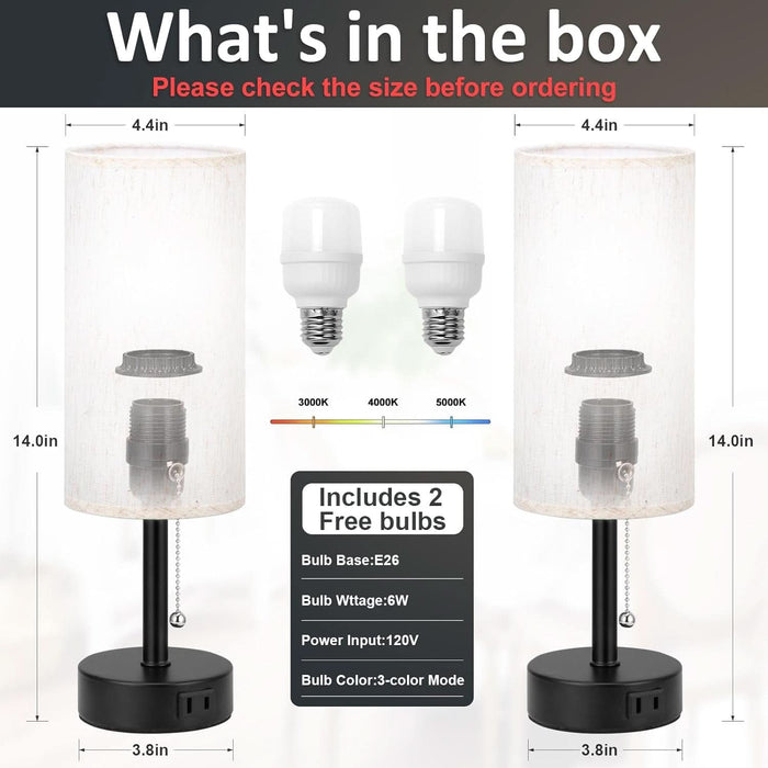 Bedside Table Lamps Set of 2-3 Color Temperatures Pull Chain Lamp with AC Outlet Charging Port, Small round Night Stand Lamps for Bedroom Guest Room Office, Bed Side Light with E26 LED Bulbs