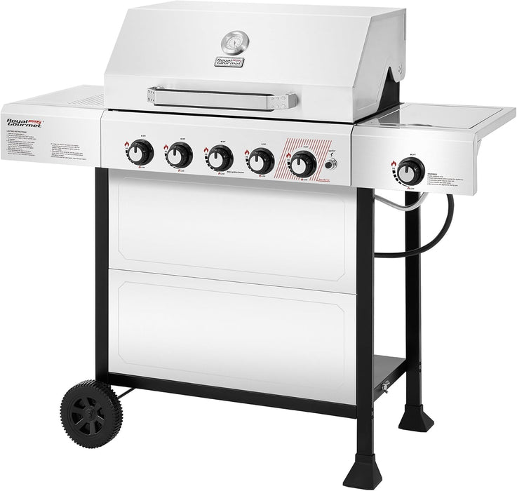 GA5401T 5-Burner BBQ Liquid Propane Gas Grill with Side Burner, Stainless Steel 61,000 BTU Output for Patio Garden Picnic Backyard Cooking, Silver