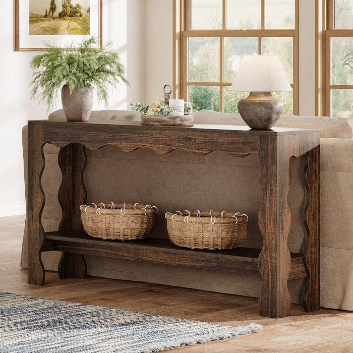 63 Inch Entryway Table, Modern Rustic Entry Table with Scalloped Edge & Storage Shelf, Accent Narrow Long Sofa Table behind Couch Console Tables for Entryway, Living Room, Dark Brown