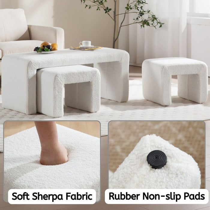3-Piece Nesting Ottoman Bench Set, 40.5" Wide Upholstered End of Bed Bench with 2 Small Stools Sherpa Comfy Entry Bench Vanity Stools Modern Arched Bench for Living Room Bedroom, White