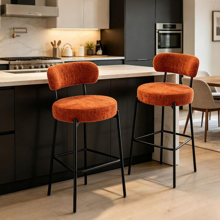 Bar Stools, 30 Inch Tall Bar Stools Set of 3, Boucle Upholstered Counter Height Bar Stools, Modern Bar Chairs Metal Frame with Back and Footrest for Kitchen Island,Orange Barstools