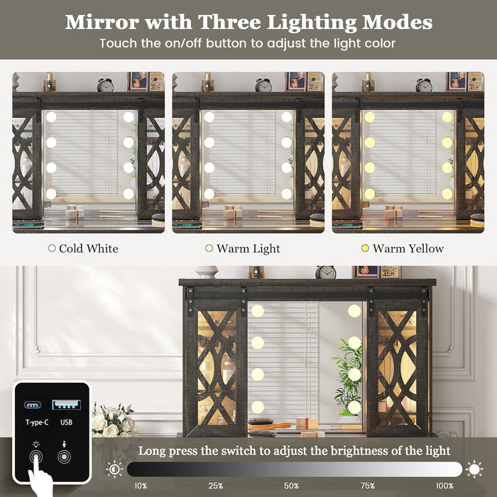 Farmhouse Makeup Vanity with Mirror & Lights, Large Vanity Desk with 5 Drawers & 9 Storage Shelves, Dressing Table with Jewelry Armoire, Vanity Gifts for Wife Girlfriends Women/Lady Girl (Brown)