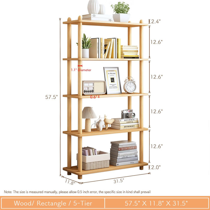 5-Tier Wooden Shelf Bookcase, Freestanding Open Bookshelf, Oak | Beech Wood Frame, 0.63" Shelves, Display Storage for Books, Plants, Decor, Living Room, Bedroom, Home Office
