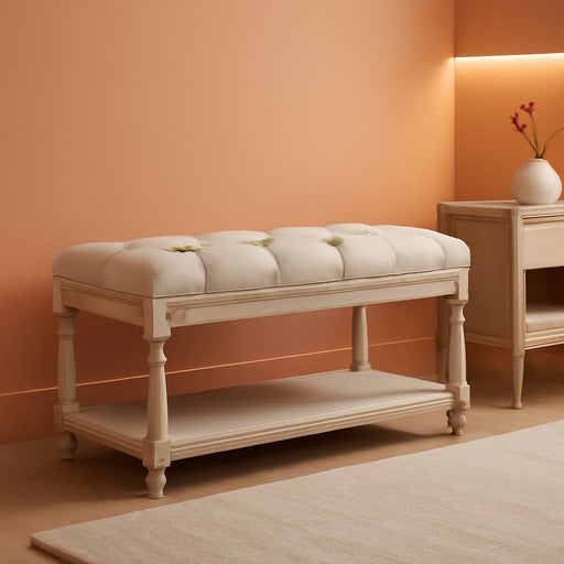 Farmhouse Tufted Storage Ottoman Bench with Shelf, 31.5" Width Linen Upholstered Entryway Shoe Ottoman Foot Stool for Bedroom Living Room Dining Room, Beige