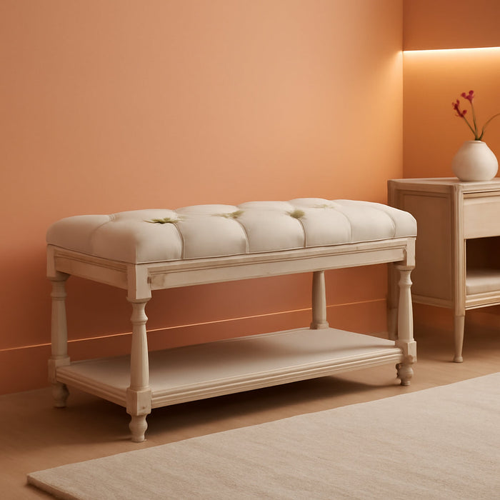 Farmhouse Tufted Storage Ottoman Bench with Shelf, 31.5" Width Linen Upholstered Entryway Shoe Ottoman Foot Stool for Bedroom Living Room Dining Room, Beige