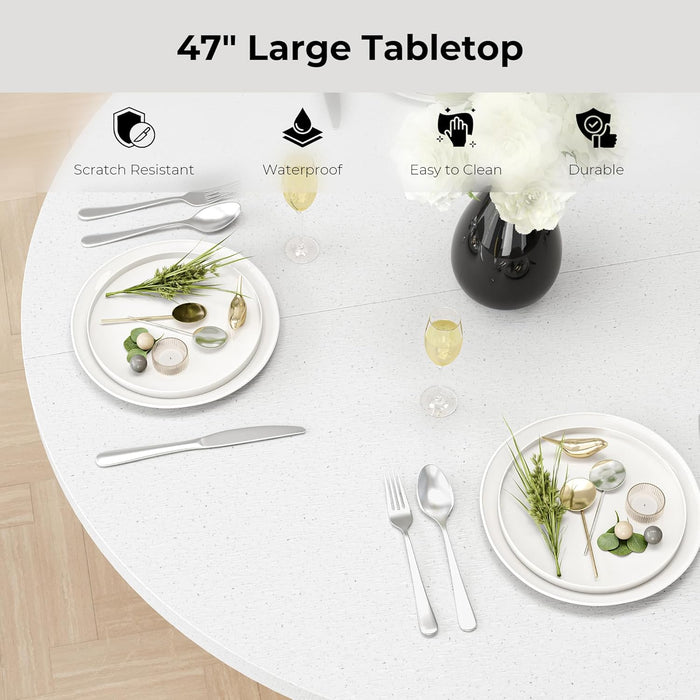 round Dining Table for 4, 47 Inch Modern Farmhouse Kitchen Table with Storage Shelf and Wood Slide Doors, Circle Dinner Table with Quartz Top and Wood Grain Base for Dining Room Kitchen (Black)