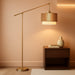 【Upgraded】Arc Floor Lamp for Living Room, Boho Dimmable Swing Arm Floor Lamp with Rattan & Fabric Shades, Gold Rattan Standing Lamp with 11W Bulb, Farmhouse Adjustable Tall Lamp for Bedroom Office