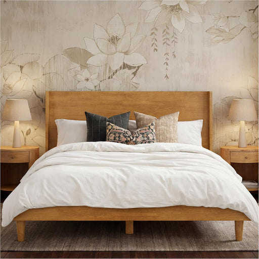 Queen Size Solid Wood Bed Frame with Wingback Headboard, Walnut Brown Finish, Platform Bed Frame, No Box Spring Required