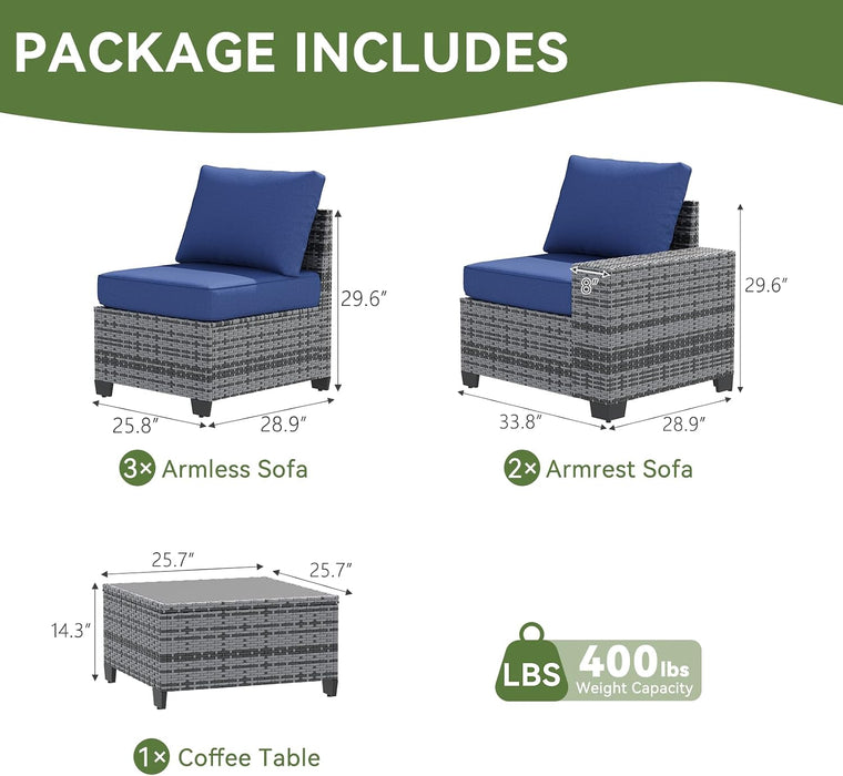 6 PCS Patio Furniture Set, Outdoor Sectional All-Weather Wicker Conversation Set with Swivel Rocker Chairs, 4'' Thick Cushions for Backyard Poolside(Navy/Grey)