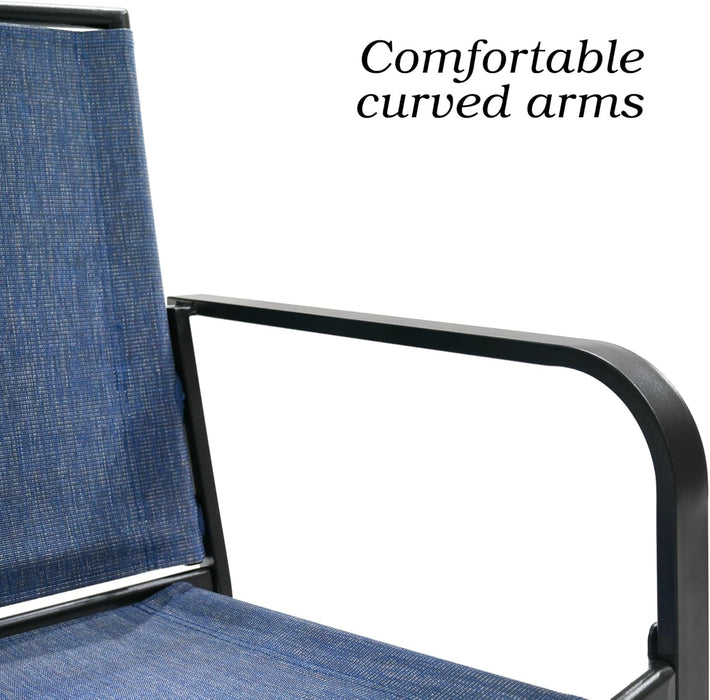 7-Piece Patio Dining Set, Outdoor Furniture Set of 6 Blue Stackable Dining Chairs and Rectangular Metal Table with Umbrella Hole for Outdoor Kitchen Lawn Garden,Bistro,Deck.